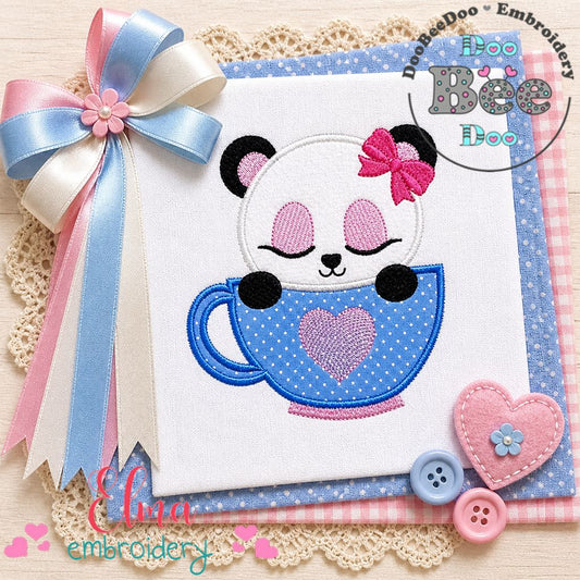 Sweet Panda Girl in Teacup – Appliqué – Machine Embroidery Design