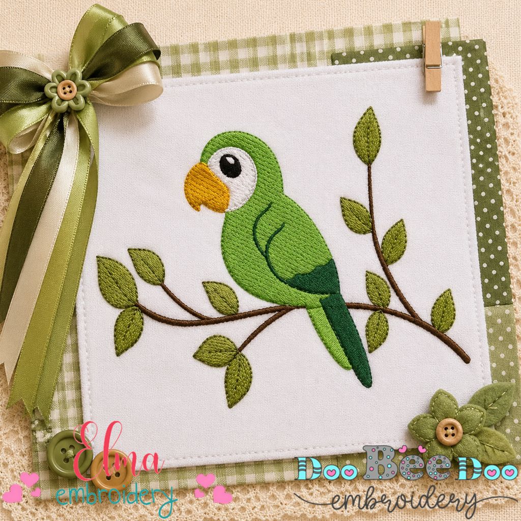 Sweet Green Parrot on Branch - Fill Stitch – Machine Embroidery Design