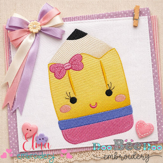 Kawaii Smiling Pencil Girl – Rippled Stitch – Machine Embroidery Design