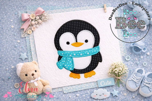 Cute Winter Penguin with Scarf – Appliqué – Machine Embroidery Design