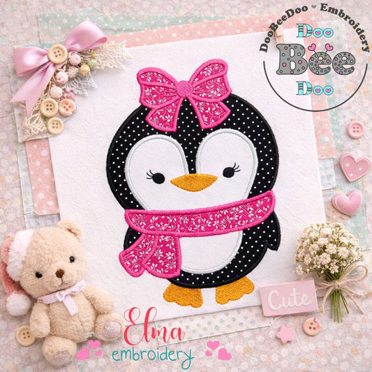 Penguin Girl with Bow – Applique – Machine Embroidery Design