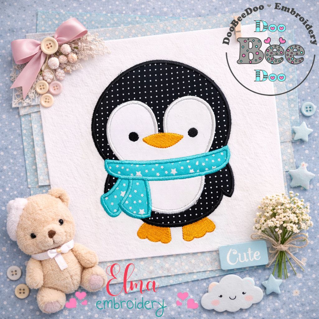 Cute Winter Penguin with Scarf – Appliqué – Machine Embroidery Design