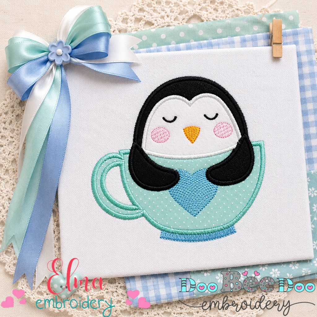 Sweet Penguin in Teacup – Appliqué – Machine Embroidery Design