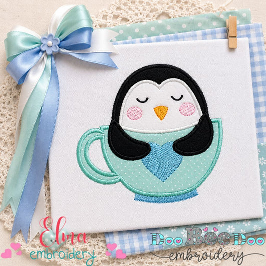 Sweet Penguin in Teacup – Appliqué – Machine Embroidery Design