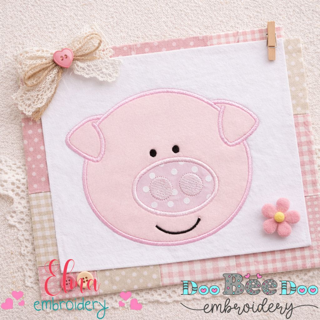 Sweet Smiling Pig Face - Appliqué – Machine Embroidery Design