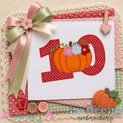 Floral Pumpkin Number Ten - Applique - Machine Embroidery Design