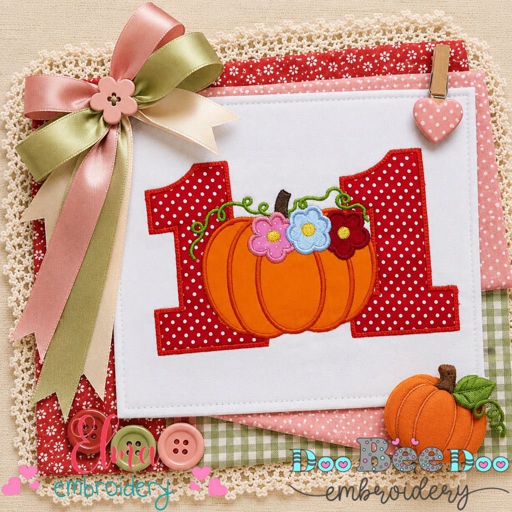 Floral Pumpkin Number Eleven - Applique - Machine Embroidery Design
