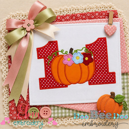 Floral Pumpkin Number Eleven - Applique - Machine Embroidery Design