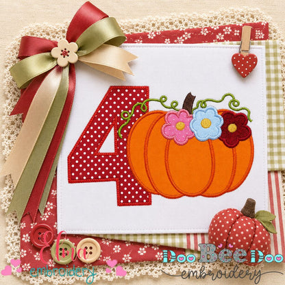 Pumpkin Birthday Four - Appliqué - Machine Embroidery Design