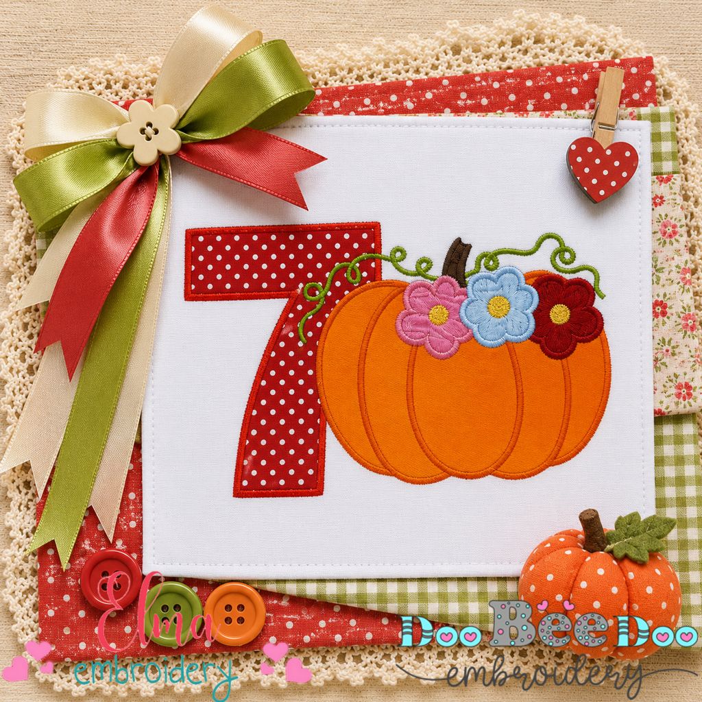 Floral Pumpkin Number Seven - Applique - Machine Embroidery Design