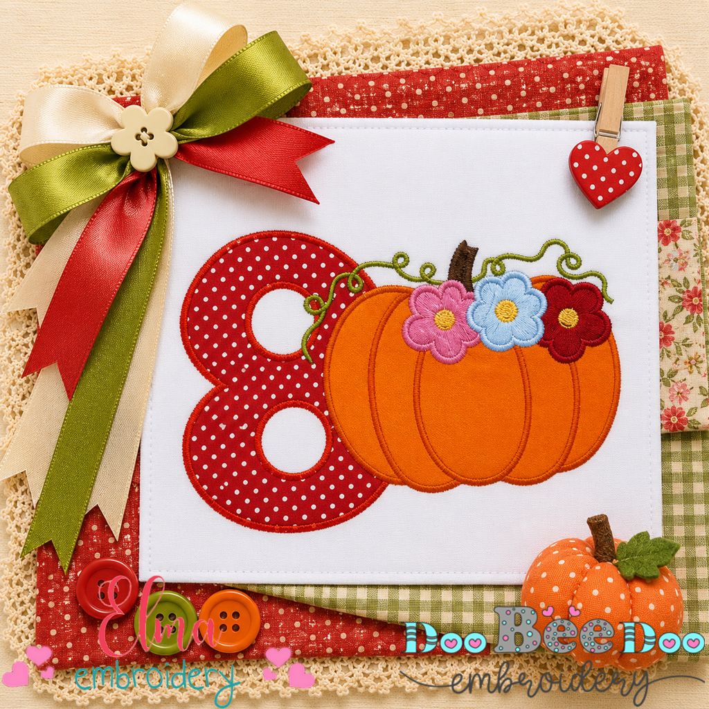 Floral Pumpkin Number Eight - Applique - Machine Embroidery Design