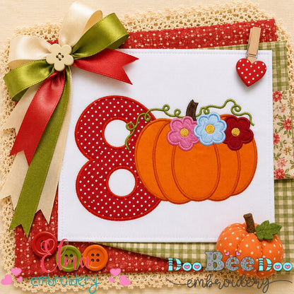 Floral Pumpkin Number Eight - Applique - Machine Embroidery Design