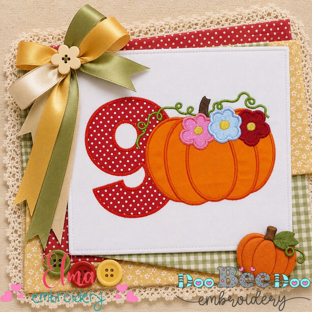 Floral Pumpkin Number Nine - Applique - Machine Embroidery Design