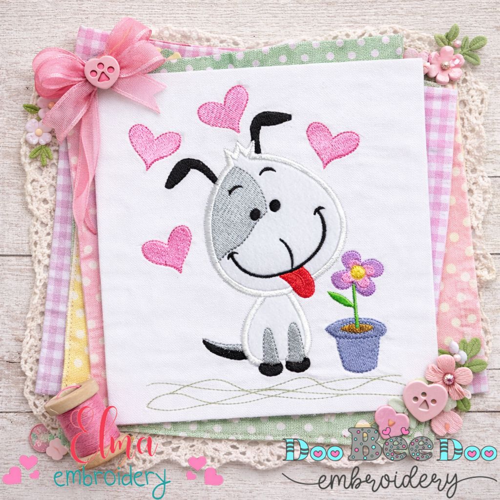 Puppy Love Dog with Hearts - Appliqué – Machine Embroidery Design