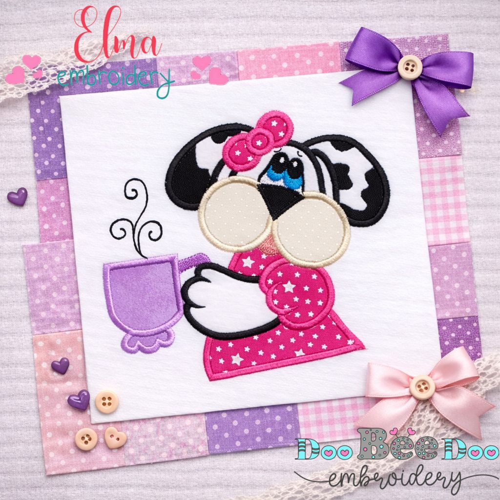 Cute Puppy Girl with Coffee – Appliqué – Machine Embroidery Design