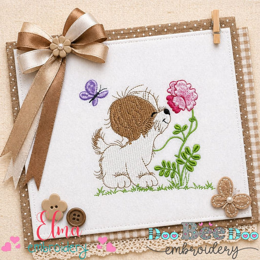 Sweet Puppy Smelling Flower – Fill Stitch – Machine Embroidery Design