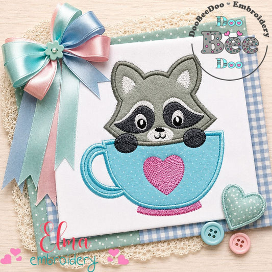 Sweet Raccoon in Teacup – Appliqué – Machine Embroidery Design