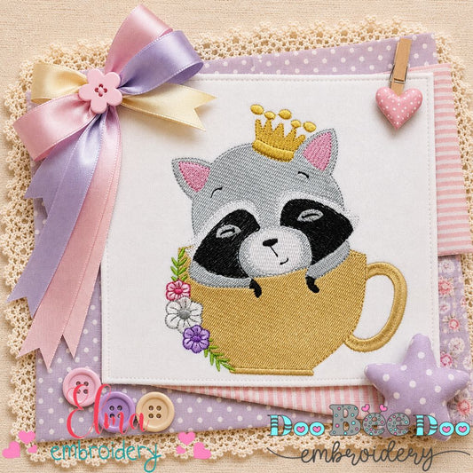 Royal Raccoon in Teacup - Fill Stitch - Machine Embroidery Design