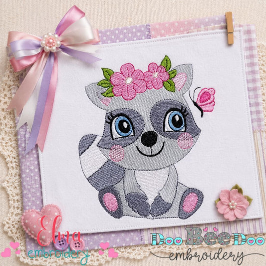 Sweet Floral Raccoon - Fill Stitch - Machine Embroidery Design
