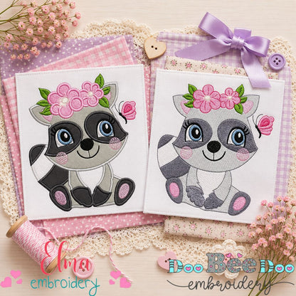 Raccoon with Flowers – Appliqué & Fill Stitch – Machine Embroidery Design