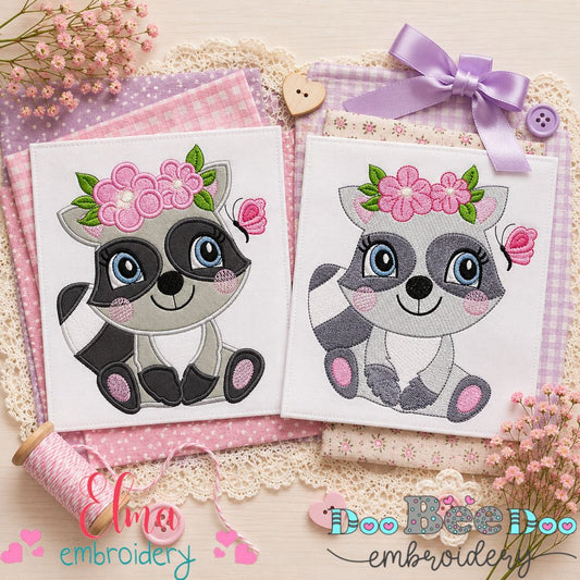 Raccoon with Flowers – Appliqué & Fill Stitch – Machine Embroidery Design