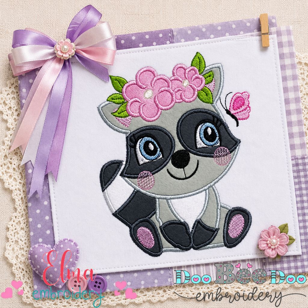 Sweet Floral Raccoon - Appliqué - Machine Embroidery Design