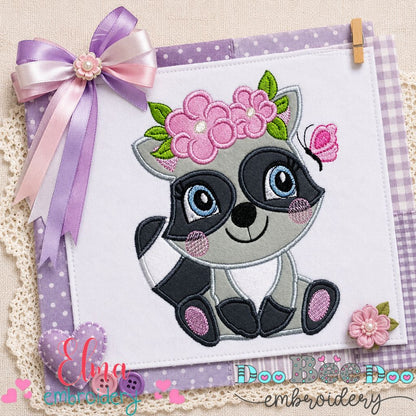 Sweet Floral Raccoon - Appliqué - Machine Embroidery Design