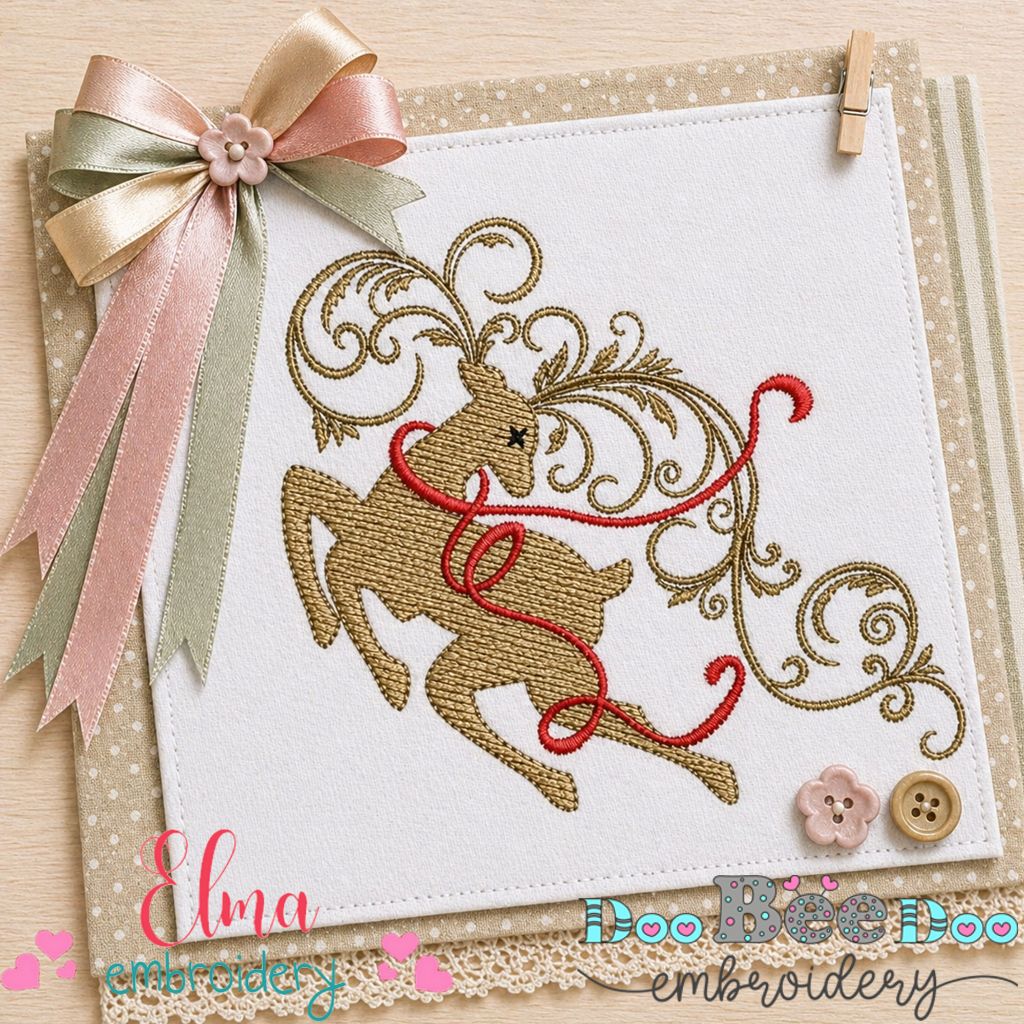 Elegant Christmas Reindeer with Ribbon - Fill Stitch – Machine Embroidery Design