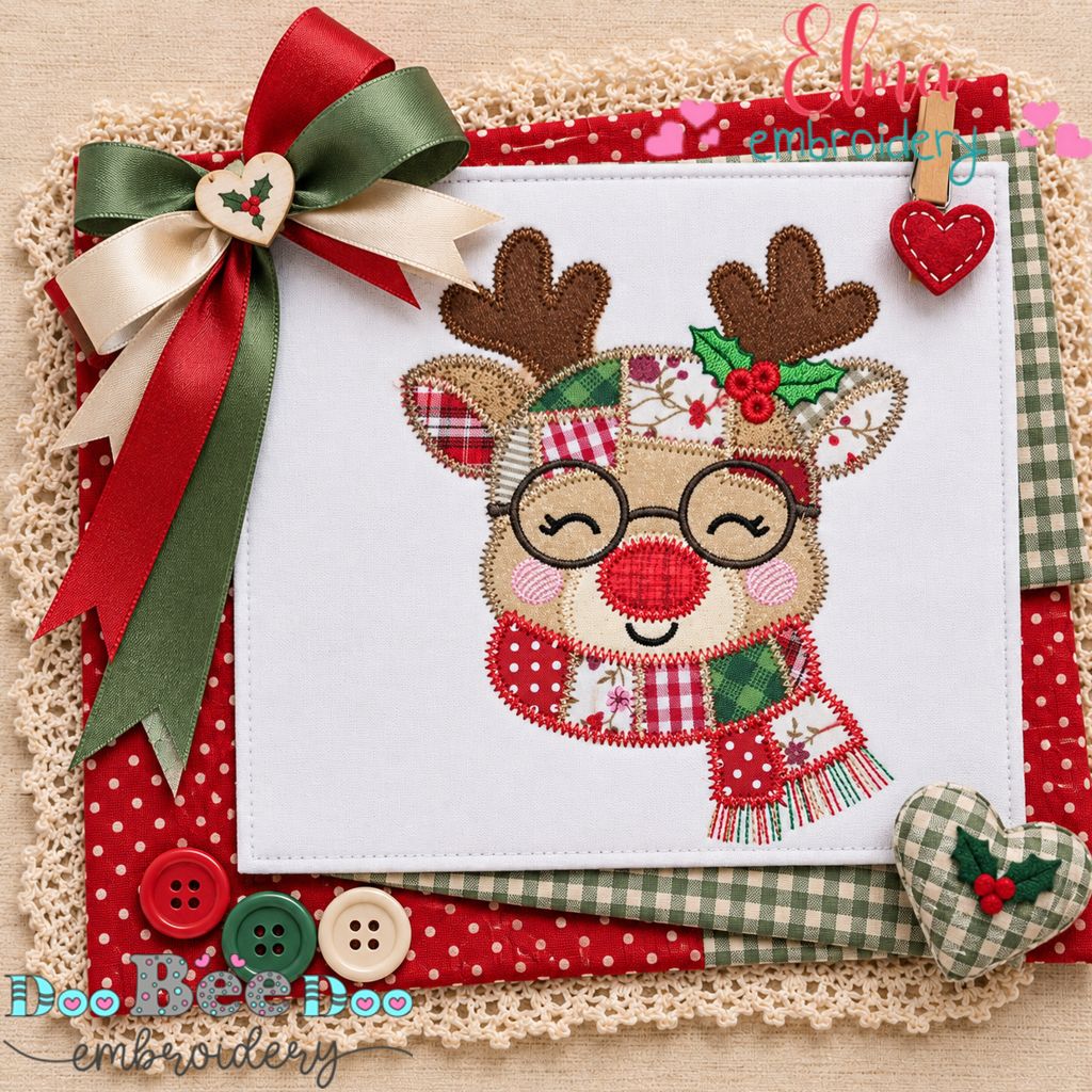 Merry Patchwork Reindeer - Zigzag Patchwork Applique - Machine Embroidery Design