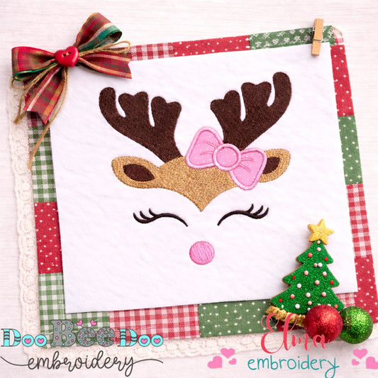 Cute Reindeer Face with Bow - Appliqué – Machine Embroidery Design