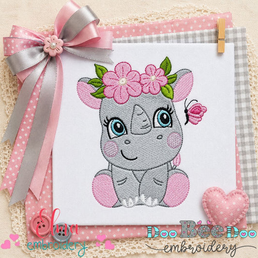 Baby Rhino With Flower Crown - Fill Stitch - Machine Embroidery Design