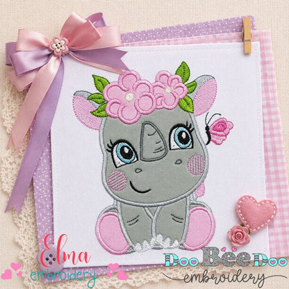 Sweet Floral Baby Rhino - Applique - Machine Embroidery Design