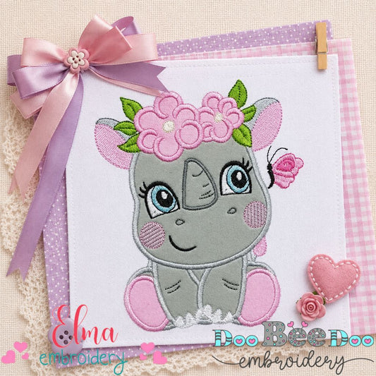 Sweet Floral Baby Rhino - Applique - Machine Embroidery Design