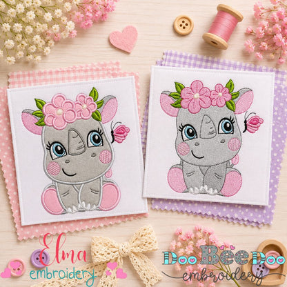 Sweet Rhino With Flowers Collection – Applique & Fill Stitch – Machine Embroidery Design
