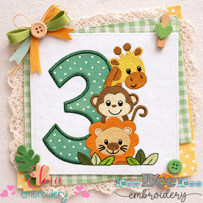 Safari Friends Birthday Three - Appliqué - Machine Embroidery Design