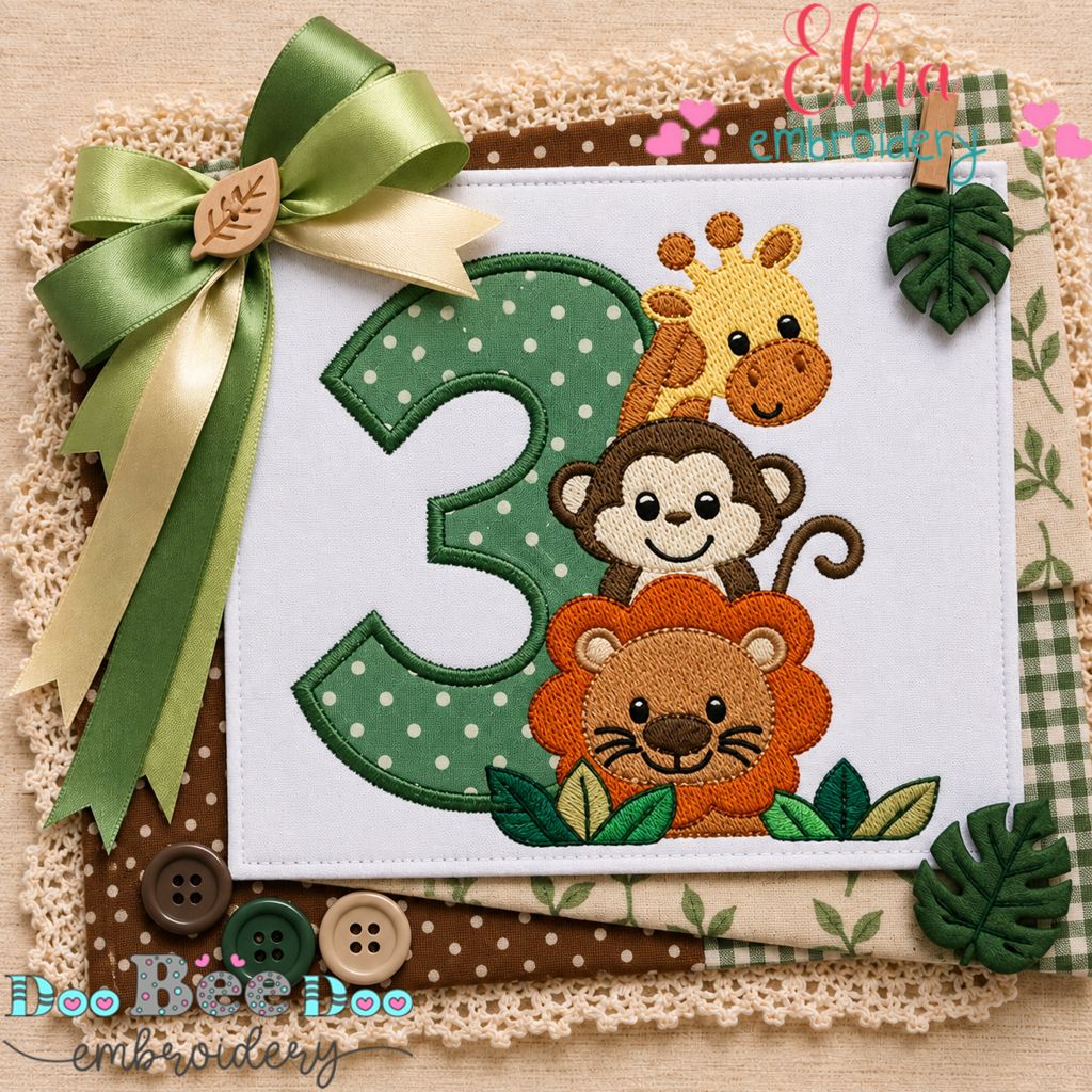 Safari Friends Birthday Three - Appliqué - Machine Embroidery Design