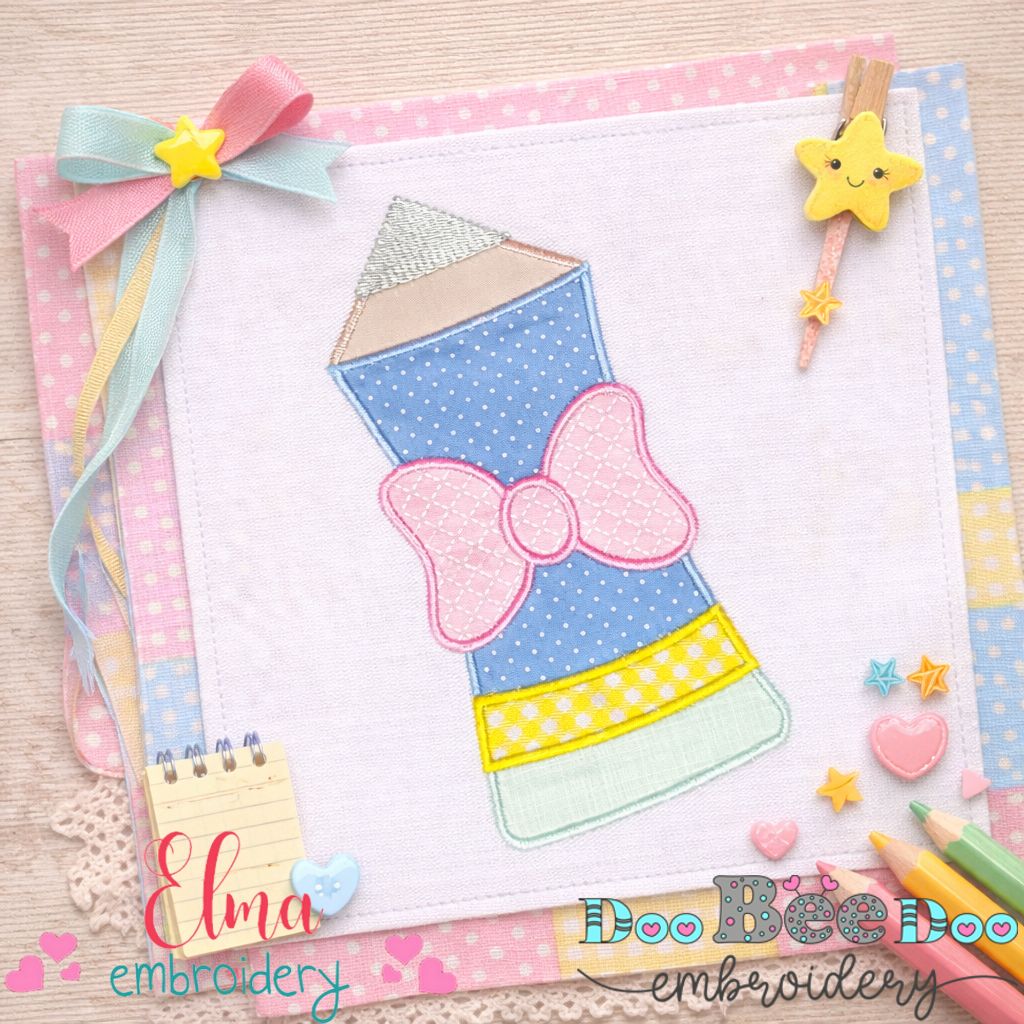 Cute School Pencil with Bow – Appliqué – Machine Embroidery Design