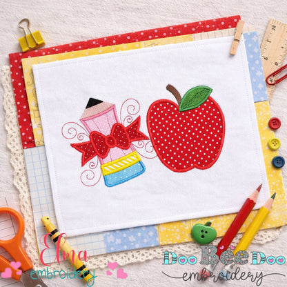 School Apple and Pencil Bow - Appliqué - Machine Embroidery Design