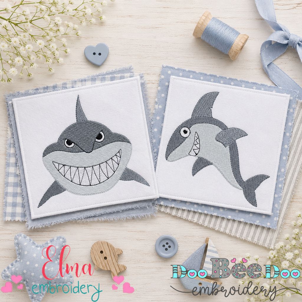 Playful Shark Duo – Fill Stitch – Machine Embroidery Design