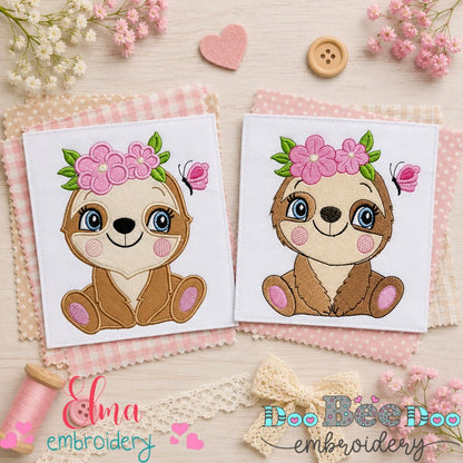 Sweet Sloth With Flowers Collection – Applique & Fill Stitch – Machine Embroidery Design