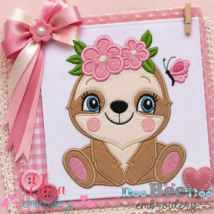 Floral Baby Sloth - Appliqué - Machine Embroidery Design