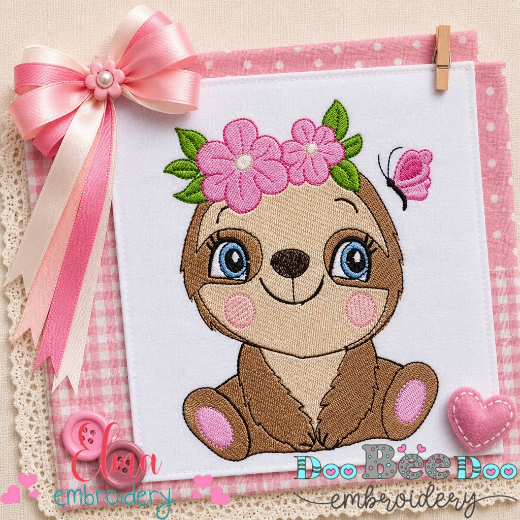 Sweet Floral Sloth - Fill Stitch - Machine Embroidery Design
