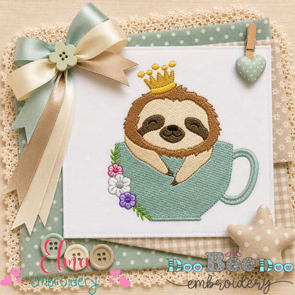 Royal Sloth in Teacup - Fill Stitch - Machine Embroidery Design