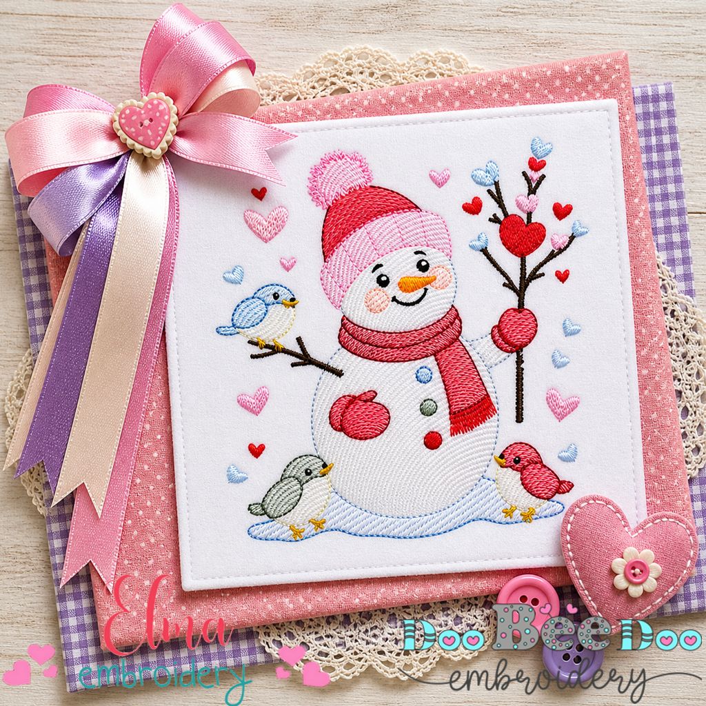 Sweet Valentine Snowman with Birds - Sketch Stitch – Machine Embroidery Design