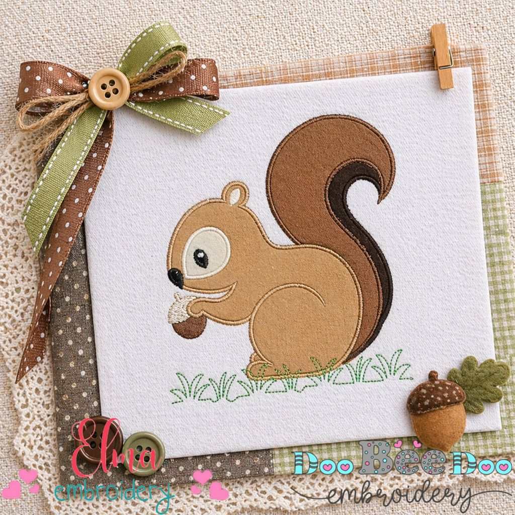 Playful Woodland Squirrel – Appliqué – Machine Embroidery Design