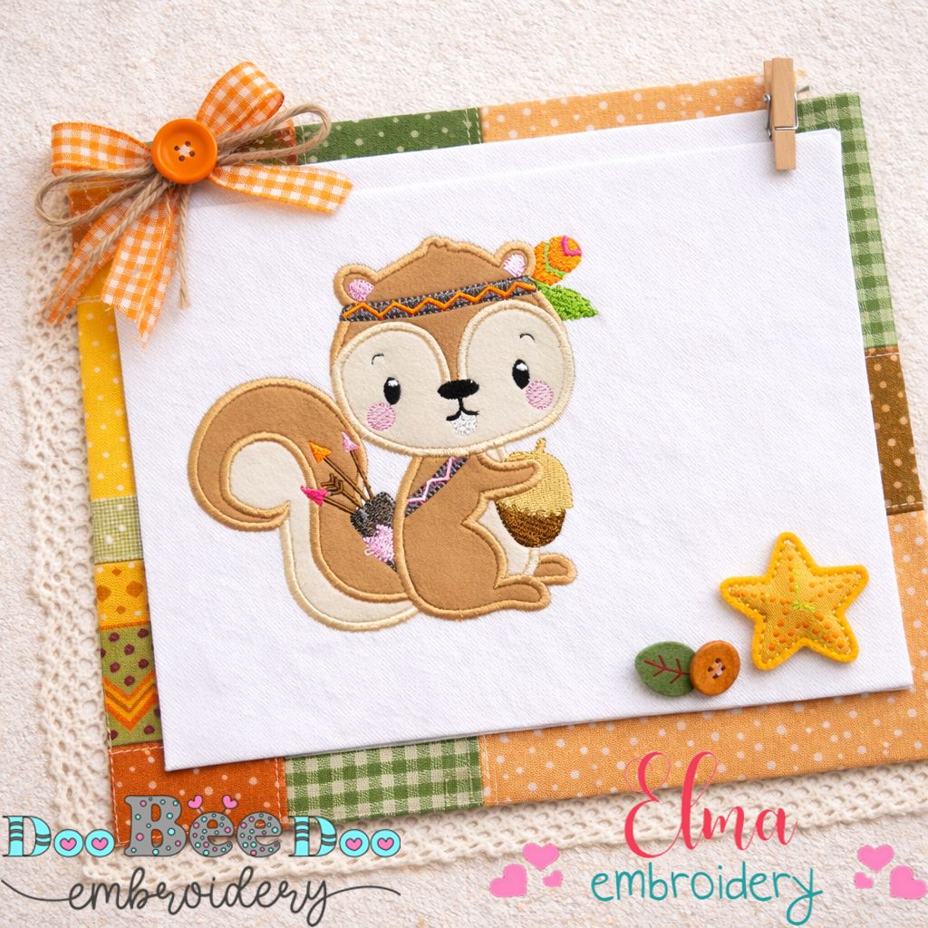 Cute Boho Woodland Squirrel with Acorn and Arrows - Appliqué - Machine Embroidery Design