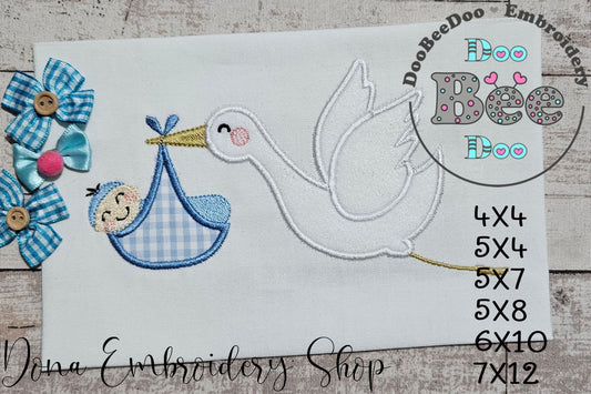 👶 Baby Boy Delivery by Stork 💙 – Appliqué – Machine Embroidery Design