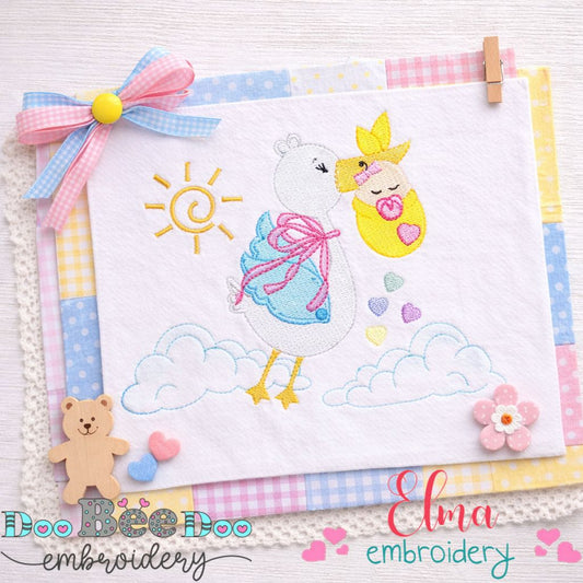 Sweet Baby Girl Stork Delivery - Fill Stitch – Machine Embroidery Design