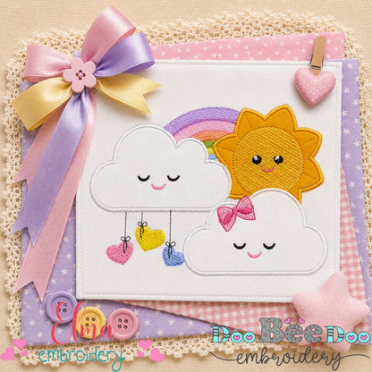 Happy Sun Rainbow Clouds - Appliqué - Machine Embroidery Design