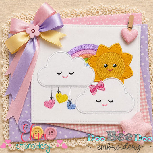 Happy Sun Rainbow Clouds - Appliqué - Machine Embroidery Design